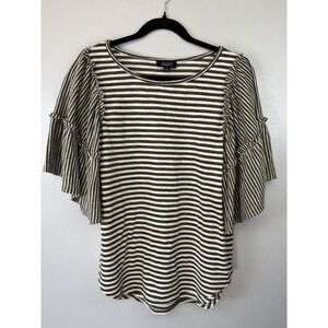 GiGiO Olive white Striped Pullover W Peplum Ruffled Sleeves Size S